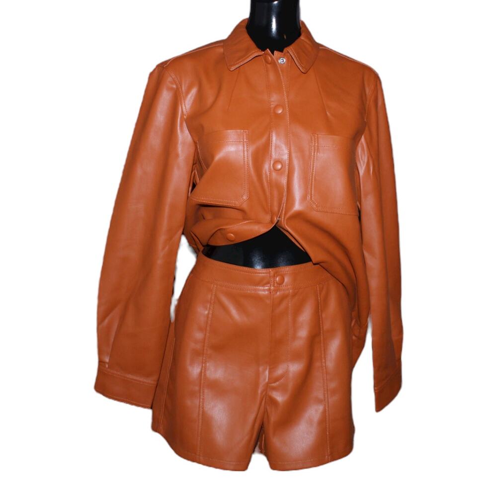 Anthropologie Brown Faux Leather Top Bottom Shorts Set ~ size 10